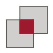 Das Bild zeigt eine geometrische Komposition mit drei Quadraten. Zwei größere graue Quadrate sind vorhanden, wobei ein kleineres rotes Quadrat an deren Kreuzung platziert ist.