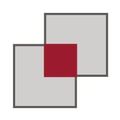 Das Bild zeigt eine geometrische Komposition mit drei Quadraten. Zwei größere graue Quadrate sind vorhanden, wobei ein kleineres rotes Quadrat an deren Kreuzung platziert ist.