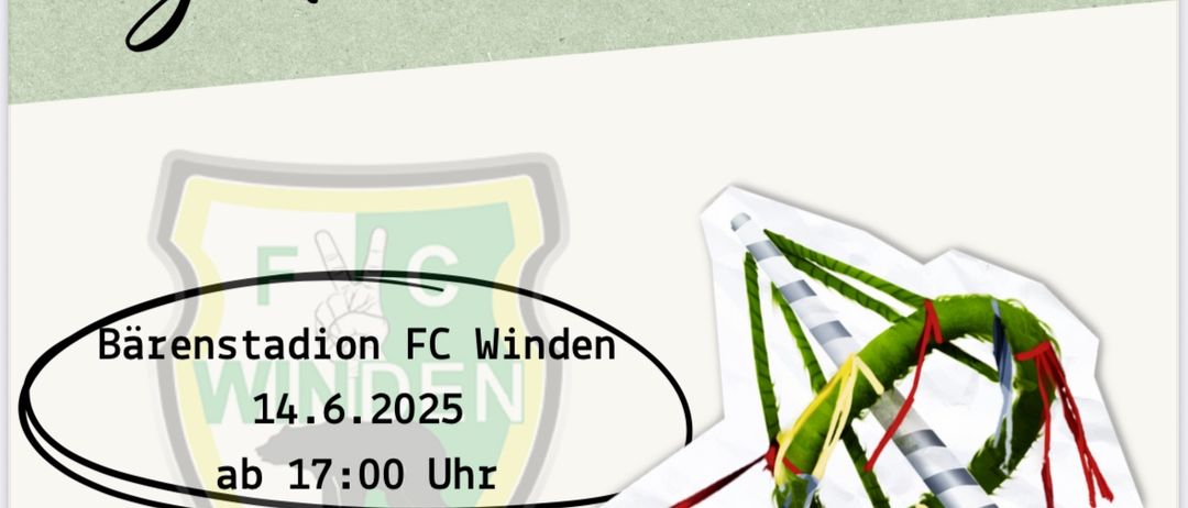 Eine Anzeige für das Maibaum SchweinBen-Event im Barenstadion FC Winden am 14.6.2025 ab 17:00. Illustration beinhaltet einen Kranz und eine Kettensäge.