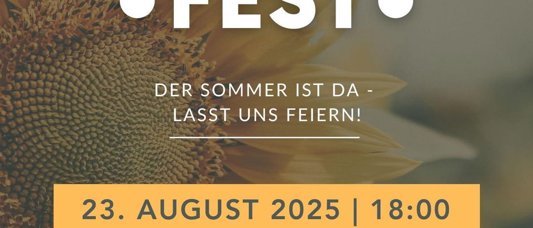 Werbeplakat für das Sommernachts Fest, mit einer Sonnenblume. Das Event findet am 23. August 2025 um 18:00 im Kellerviertel/Kroyer Keller, 7092 Winden am See statt.