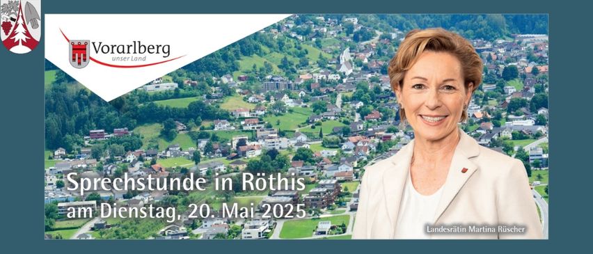 Ein Foto einer lächelnden Frau vor einer malerischen Stadt. Im Hintergrund sind Häuser, Gebäude und üppige grüne Bäume zu sehen. Die Worte 'Sprechstunde in Rothis am Dienstag, 20. Mai 2025' sind auf Deutsch geschrieben.