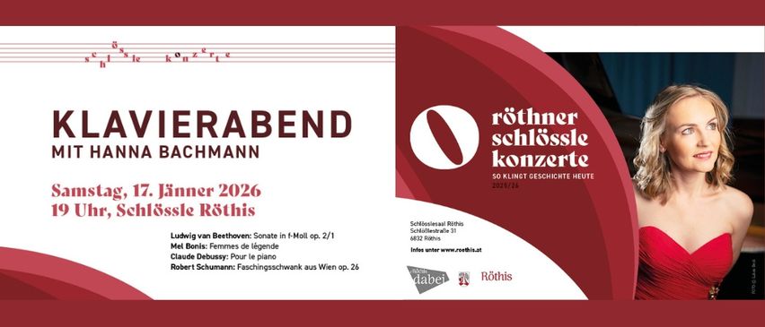 Poster für ein klassisches Musikevent mit Klavierkonzerten von Beethoven, Bonis, Debussy und Schumann. Das Event trägt den Titel 'Lavierabend' und findet am 17. Januar 2026 statt.