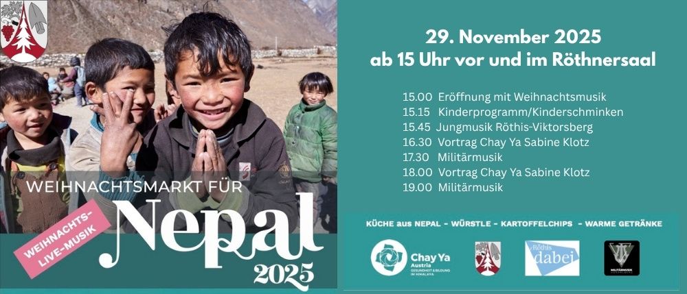 Plakat für Nepal 2025-Veranstaltung mit Kindern, Bergen und Musikprogramm.