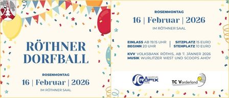 Rother Dorfball-Veranstaltungsflyer für den 16. Februar 2026. Eintritt ab 19:15, Beginn 20 Uhr. Veranstaltet von KVV Volksbank Rother. Mit Wurlitzer West und Scoops.