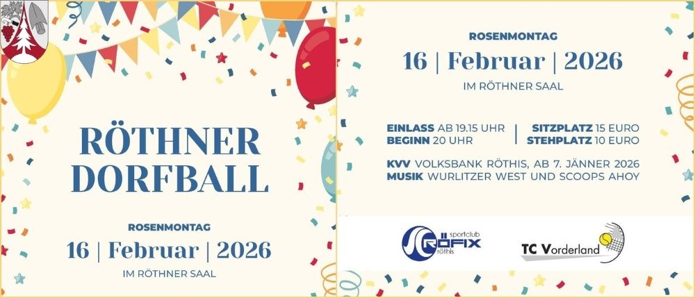 Rother Dorfball-Veranstaltungsflyer für den 16. Februar 2026. Eintritt ab 19:15, Beginn 20 Uhr. Veranstaltet von KVV Volksbank Rother. Mit Wurlitzer West und Scoops.