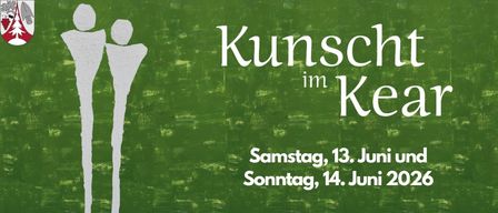 Plakat mit grünem Hintergrund. Zwei weiße Figuren stehen darauf. Der Text lautet 'Kunst im Kea' und 'Samstag, 13. Juni und Sonntag, 14. Juni 2026.'