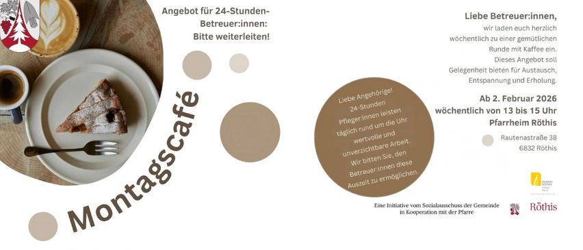 Ein Angebot für Montags Café, das eine 24-Stunden-Betreuungsmöglichkeit für Pflegekräfte vorschlägt. Ein Kuchen auf einem Teller mit einer Gabel ist abgebildet. Das Angebot umfasst wöchentliche Runden, Entspannungsmöglichkeiten und sinnvolle Arbeit.