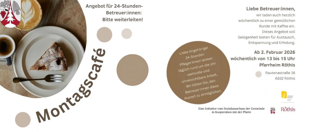 Ein Angebot für Montags Café, das eine 24-Stunden-Betreuungsmöglichkeit für Pflegekräfte vorschlägt. Ein Kuchen auf einem Teller mit einer Gabel ist abgebildet. Das Angebot umfasst wöchentliche Runden, Entspannungsmöglichkeiten und sinnvolle Arbeit.