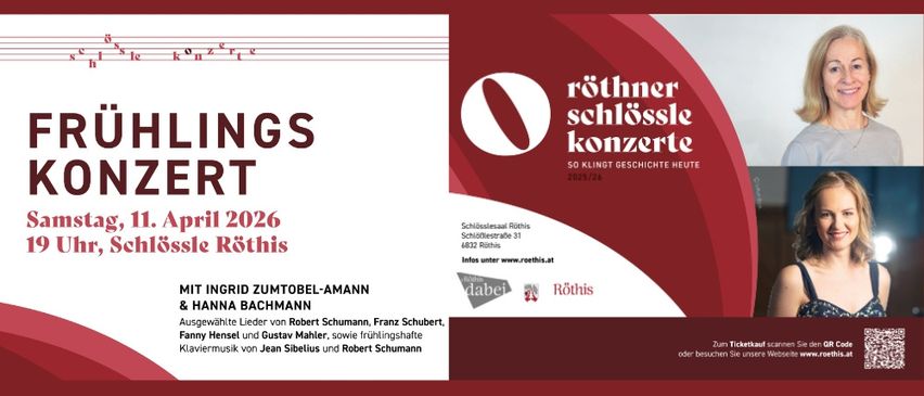 Ein Veranstaltungsplakat für die Rothner Schlossle Konzerte, mit einer Frau in einem blauen Kleid, mit Details zum Veranstaltungsdatum, Ort und Künstlern.