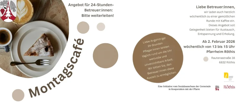 Ein Teller mit einem Stück Kuchen. Der Text lautet 'Montagscafe'. Das Bild bewirbt ein 24-Stunden-Angebot für Betreuerinnen und fordert sie auf, weiterzumachen. Braune Kreise heben die Vorteile des Angebots hervor.