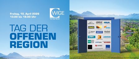 An open door with WIGE logo leads to a scenic view of mountains and green landscape. Various company logos are displayed on the door. The date and time are mentioned on the left.