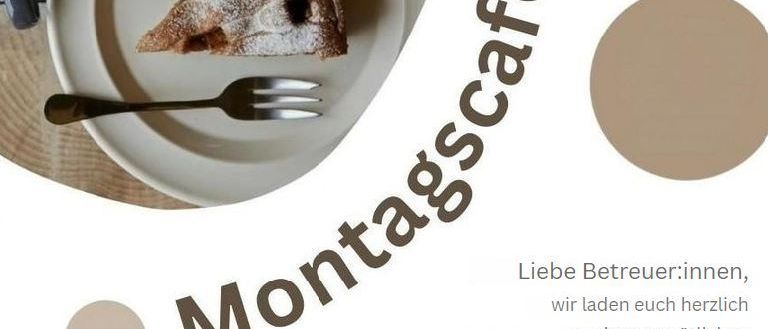 Ein Café-Werbeplakat mit einem Stück Kuchen auf einem Teller, einer Gabel und einer Tasse Kaffee. Der Text lädt Kunden zu einer gemütlichen Kaffeepause ein.