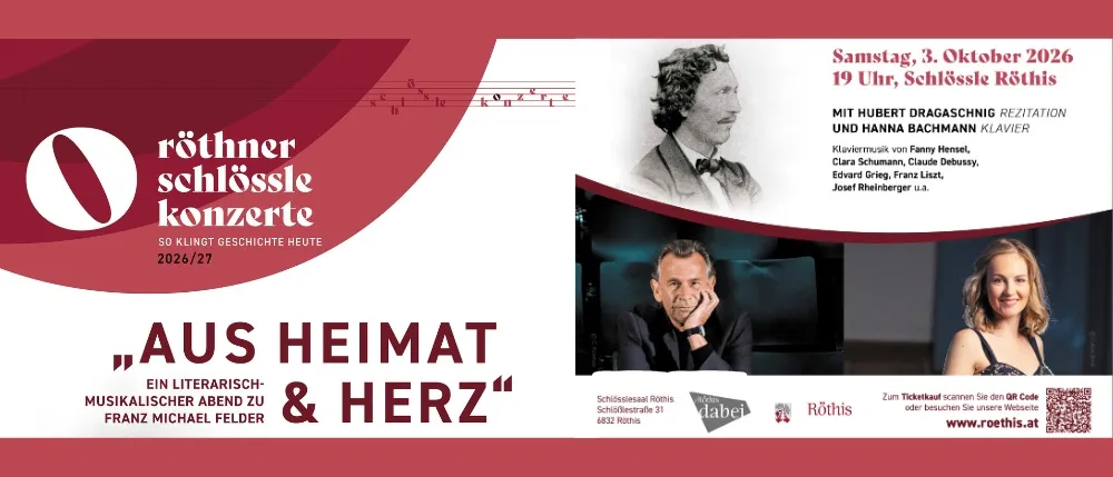 Plakat für Rothner Schlossle Konzerte mit einem klassischen Musiker und einem modernen Mann mit einer Uhr, sowie einer Frau im Hintergrund. Das Plakat enthält eine Musikpartitur und die Veranstaltungsdetails.