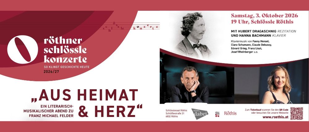 Plakat für Rothner Schlossle Konzerte mit einem klassischen Musiker und einem modernen Mann mit einer Uhr, sowie einer Frau im Hintergrund. Das Plakat enthält eine Musikpartitur und die Veranstaltungsdetails.