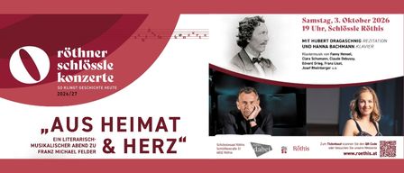 Plakat für Rothner Schlossle Konzerte mit einem klassischen Musiker und einem modernen Mann mit einer Uhr, sowie einer Frau im Hintergrund. Das Plakat enthält eine Musikpartitur und die Veranstaltungsdetails.