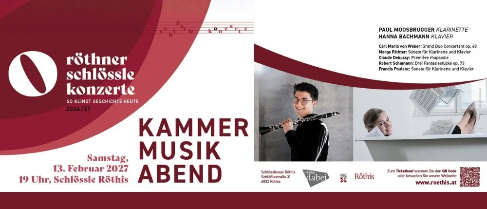Plakat für einen Kammermusikabend im Rothner Schlössle, mit einem Mann, der Klarinette spielt, und einer Frau, die hinter einem Fenster hervorschaut. Das Plakat enthält eine Musikpartitur, Namen von Komponisten und Veranstaltungsdetails.