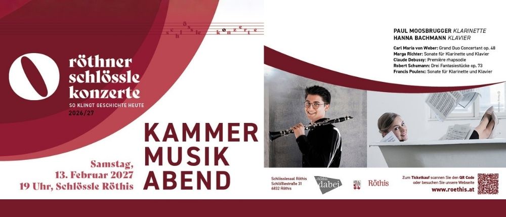 Plakat für einen Kammermusikabend im Rothner Schlössle, mit einem Mann, der Klarinette spielt, und einer Frau, die hinter einem Fenster hervorschaut. Das Plakat enthält eine Musikpartitur, Namen von Komponisten und Veranstaltungsdetails.