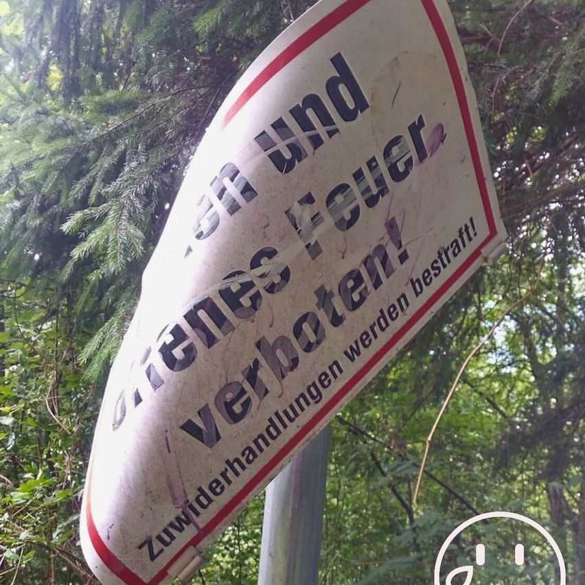 Ein Schild im Wald warnt vor Geldstrafen für nicht genehmigte Feuer. Bäume umgeben das Gebiet.