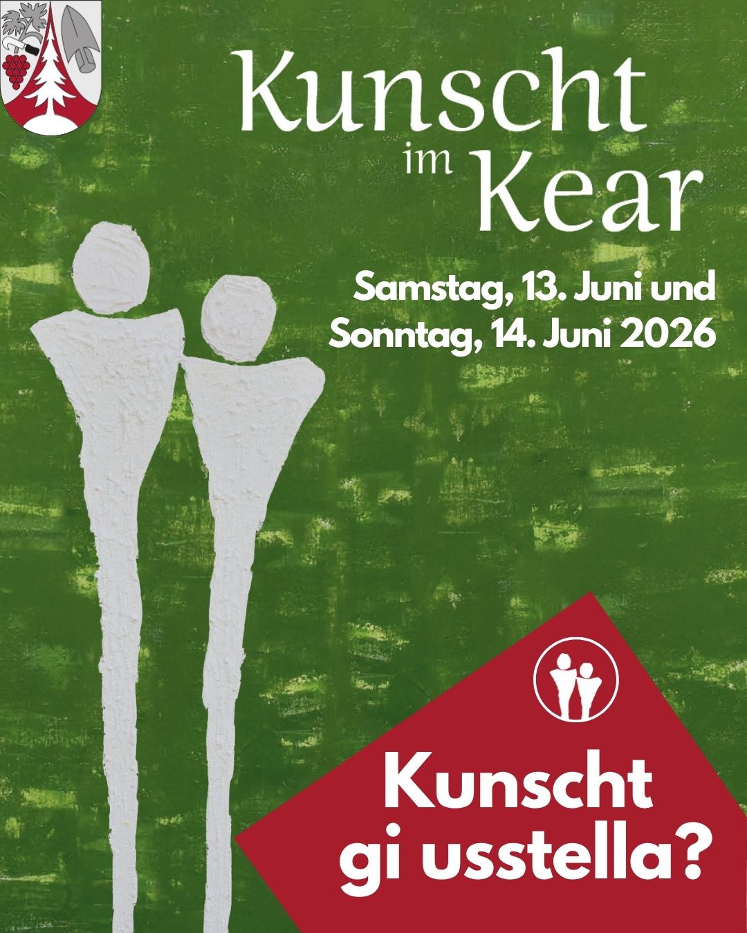 Plakat für Kunst im Kear-Veranstaltung mit zwei Figuren, grünem Hintergrund und Terminen für den 13. und 14. Juni 2026.