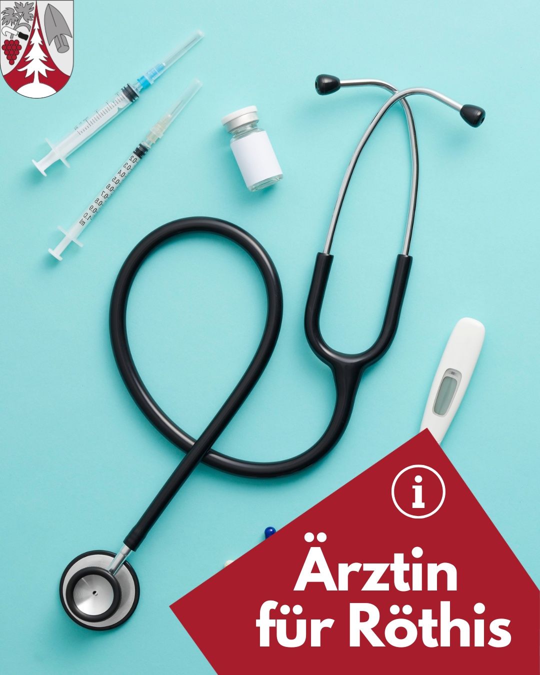 Ein Stethoskop, Spritzen, ein Fläschchen und ein Thermometer auf blauem Hintergrund. Das Wort Arztin steht in Weiß auf rotem Hintergrund.