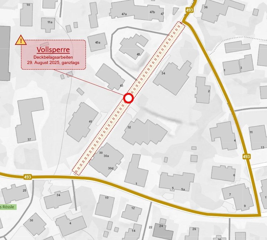 Stadtplan mit einem hervorgehobenen Bereich, der die Deckendeckenarbeiten am 29. August 2025 anzeigt. Die Karte enthält nummerierte Straßen, Gebäudeumrisse und einen roten Kreis, der den Arbeitsbereich kennzeichnet.