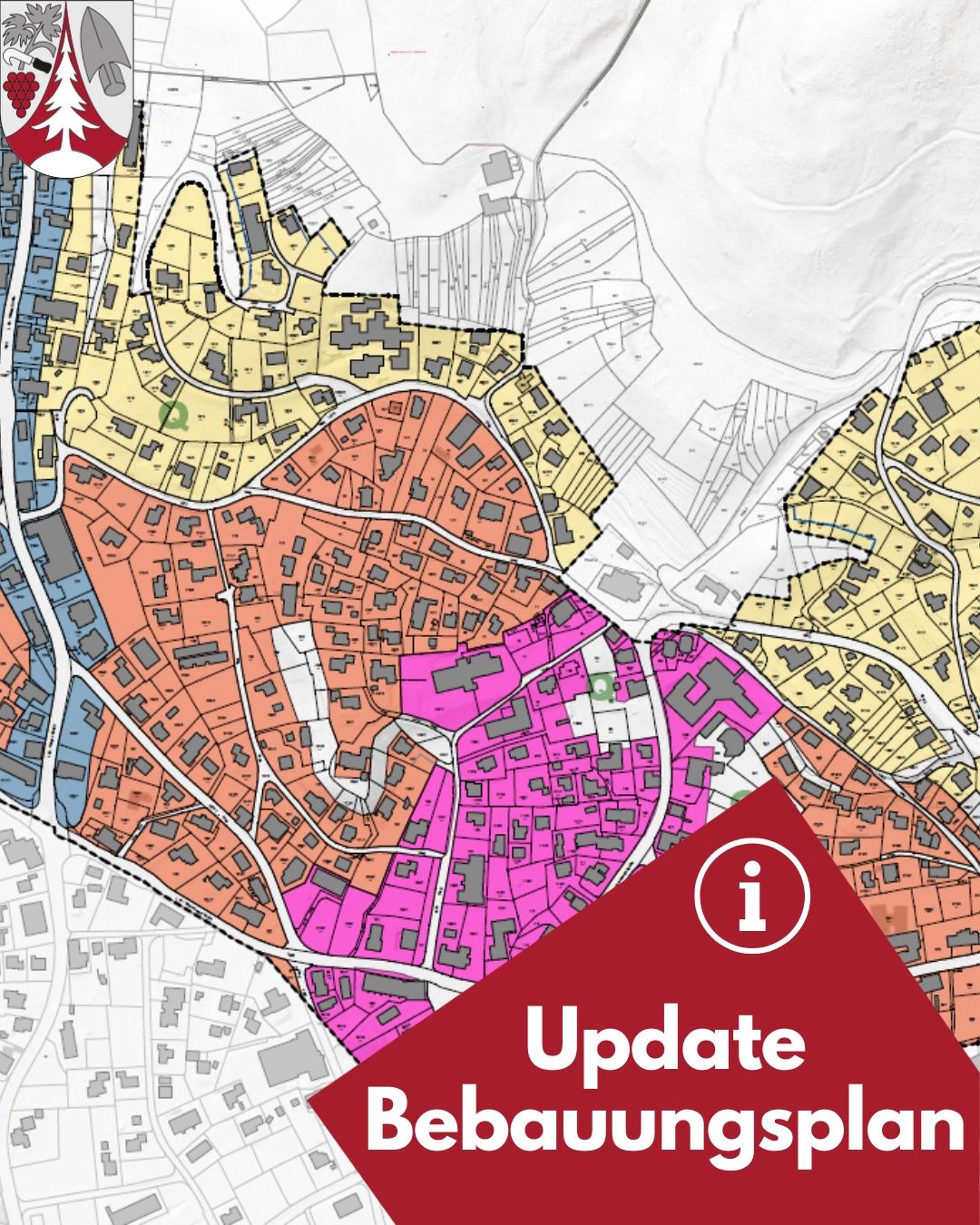 Eine Karte zeigt verschiedene städtische Gebiete in unterschiedlichen Farben. Sie hat ein rotes Dreieck mit einem 'i' in der Mitte, was ein Update anzeigt.