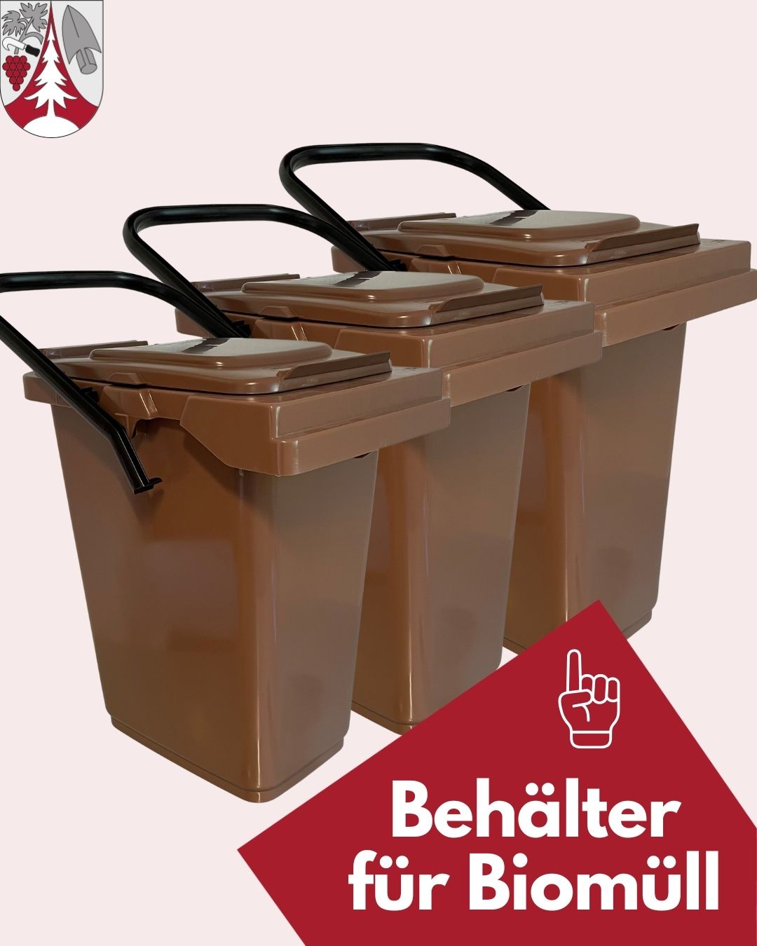 Drei braune Plastikbehälter mit schwarzen Griffen und Deckeln sind zu sehen. Ein Logo ist oben links. Darunter befinden sich ein Daumen-hoch-Symbol und das Wort 'Behälter'.