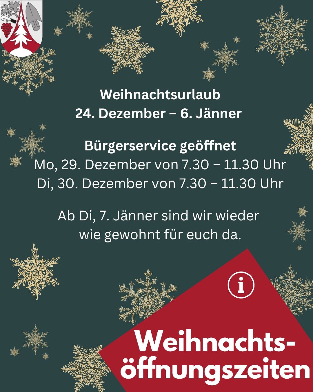 A Christmas holiday announcement informs that the service is open on December 29 and 30 from 7:30 to 11:30. Regular service resumes on January 7. Snowflakes and a red triangle are in the background.