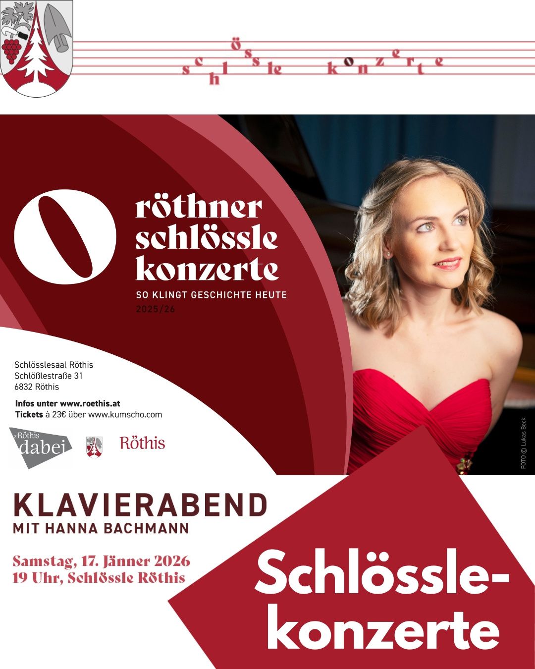 Plakat für Rothner Schlossle Konzerte mit einer Frau in einem roten Kleid. Das Event findet am 17. Januar 2026 um 19 Uhr statt und präsentiert Hanna Bachmann. Der Veranstaltungsort ist Schlossle Rothis.