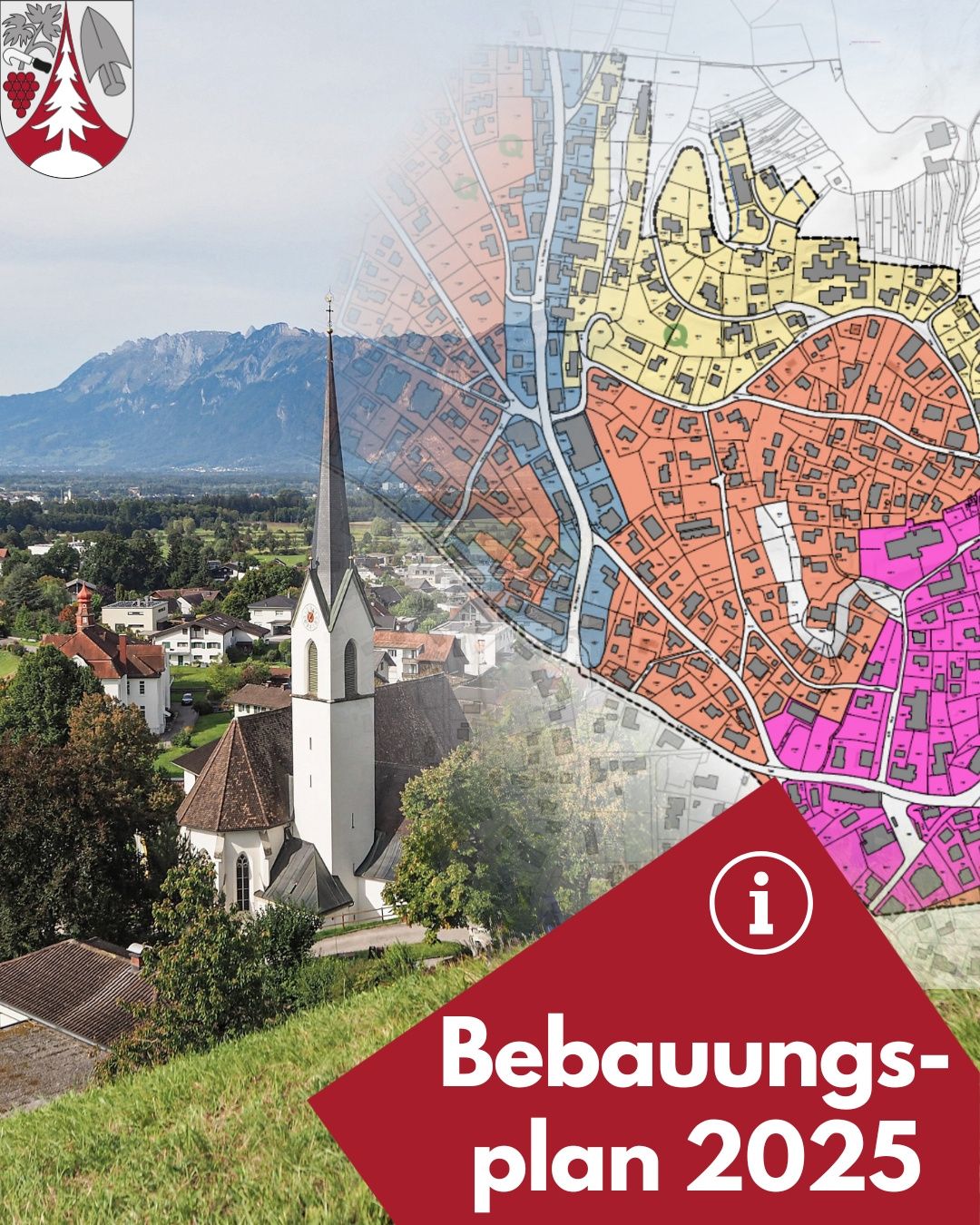 Eine Karte einer Stadt mit einem Kirchturm und einem Berg im Hintergrund. Es gibt ein rotes Dreieck mit einem i darin. Das Wort 'Bebauungs' ist in Weiß geschrieben.