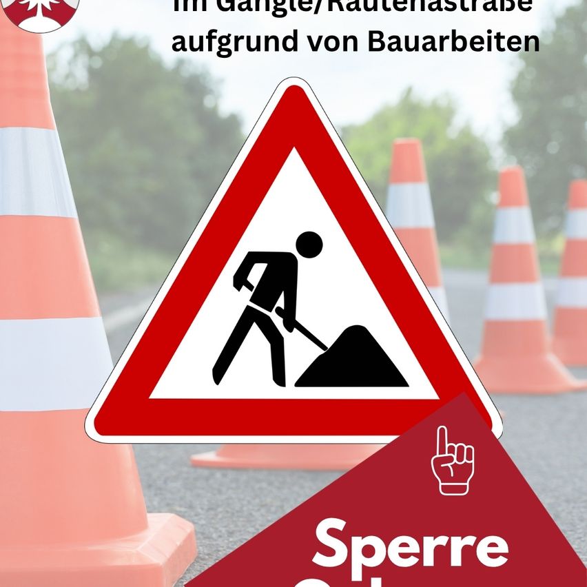 Ein dreieckiges Verkehrsschild mit einer Person beim Graben und einer Aufschrift oben 'Sperre'. Verkehrskegel sind um das Schild herum platziert. Bäume sind im Hintergrund.