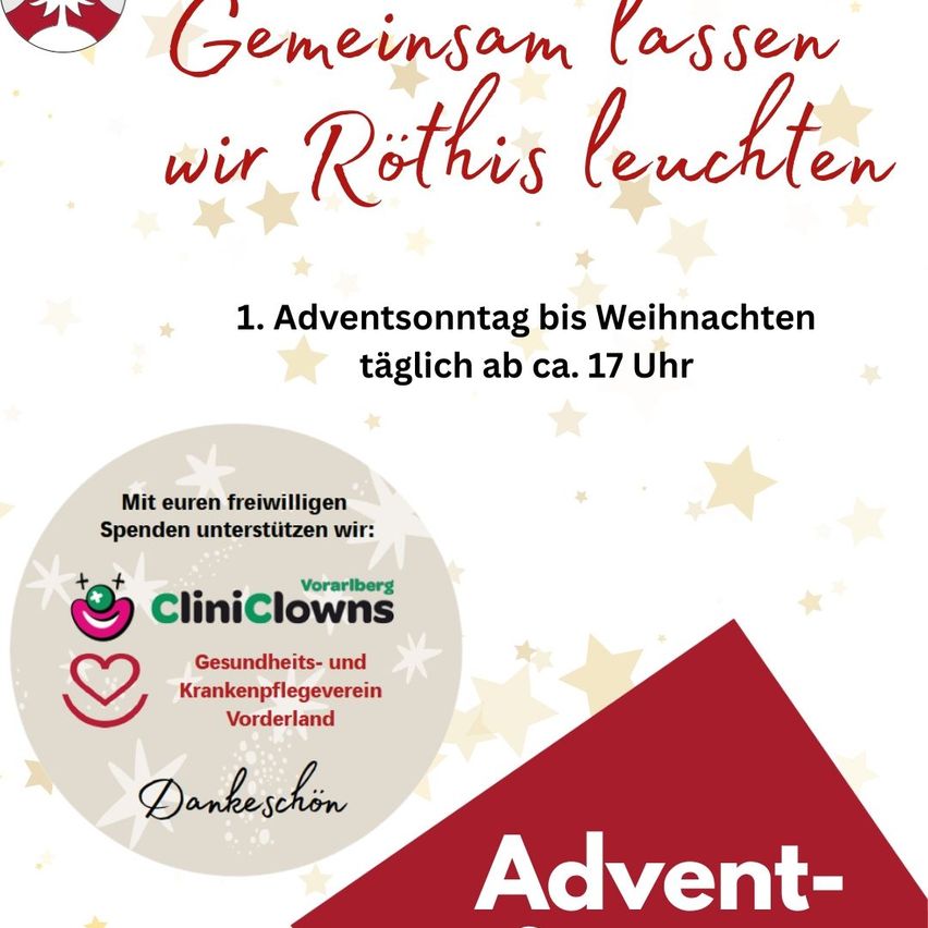 Plakat zur Förderung der CliniClowns und des Gesundheits- und Krankenpflegevereins Vorderland. Es erwähnt das tägliche Entzünden von Rothis vom ersten Adventssonntag bis Weihnachten um etwa 17 Uhr.