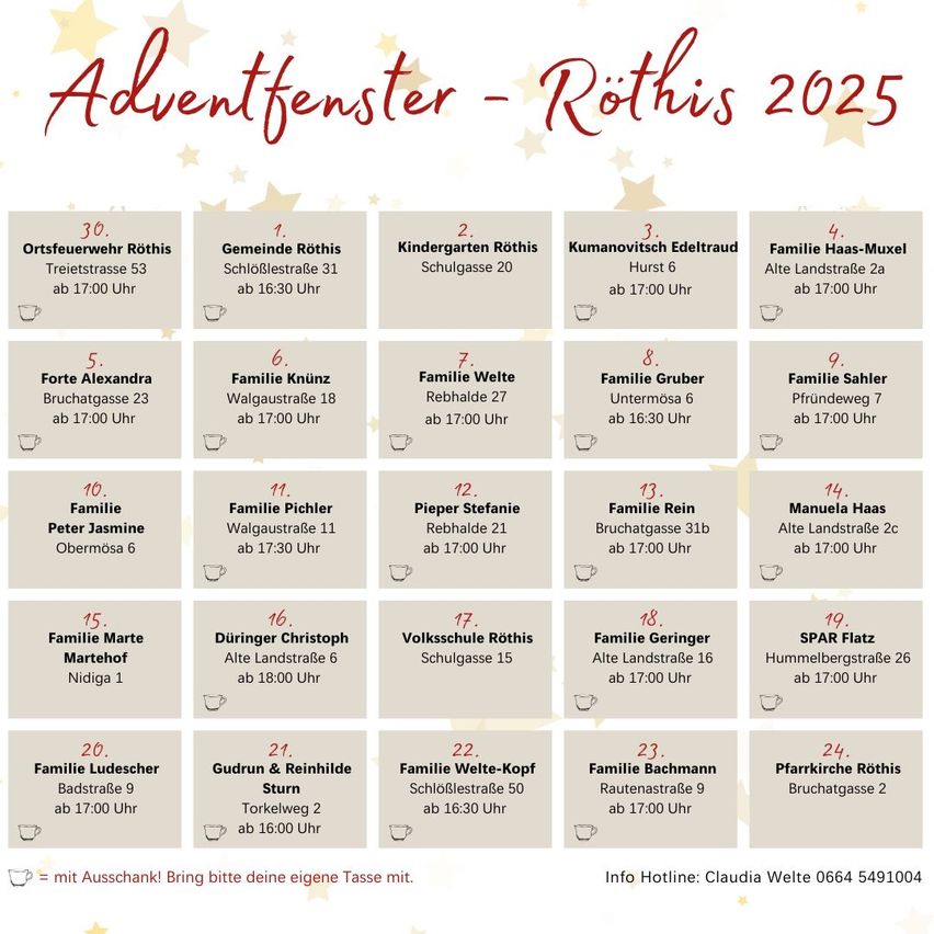 Adventsfenster Rothis 2025. Zeitplan für Gemeinschaftstreffen in Rothis. Orte beinhalten Treitstrasse, Schulgasse und andere. Zeiten variieren von 17:00 bis 18:30 Uhr.