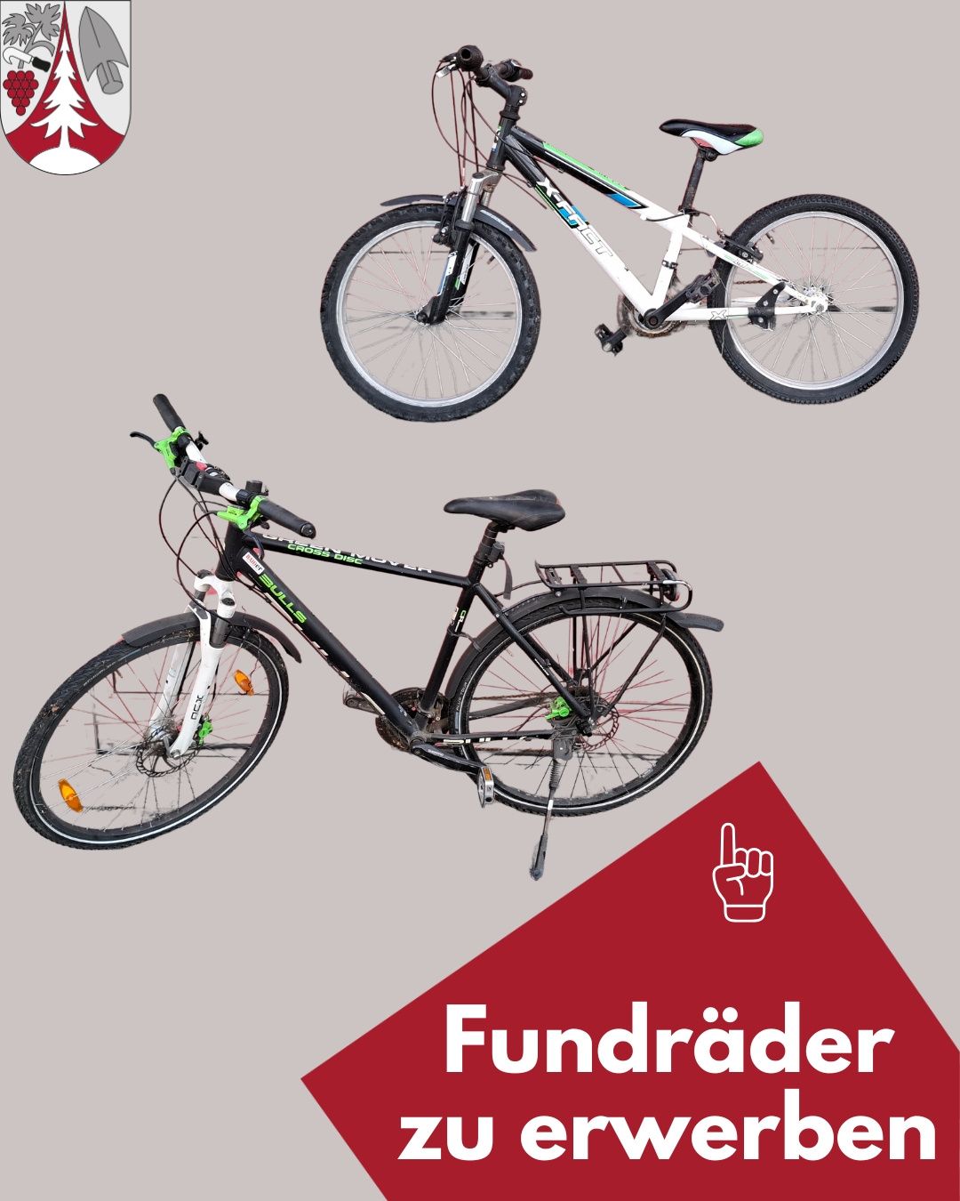 Two bicycles, one white and one black, are displayed with a thumbs-up icon. The white bike is suspended, while the black one is on the ground. A logo is at the top.