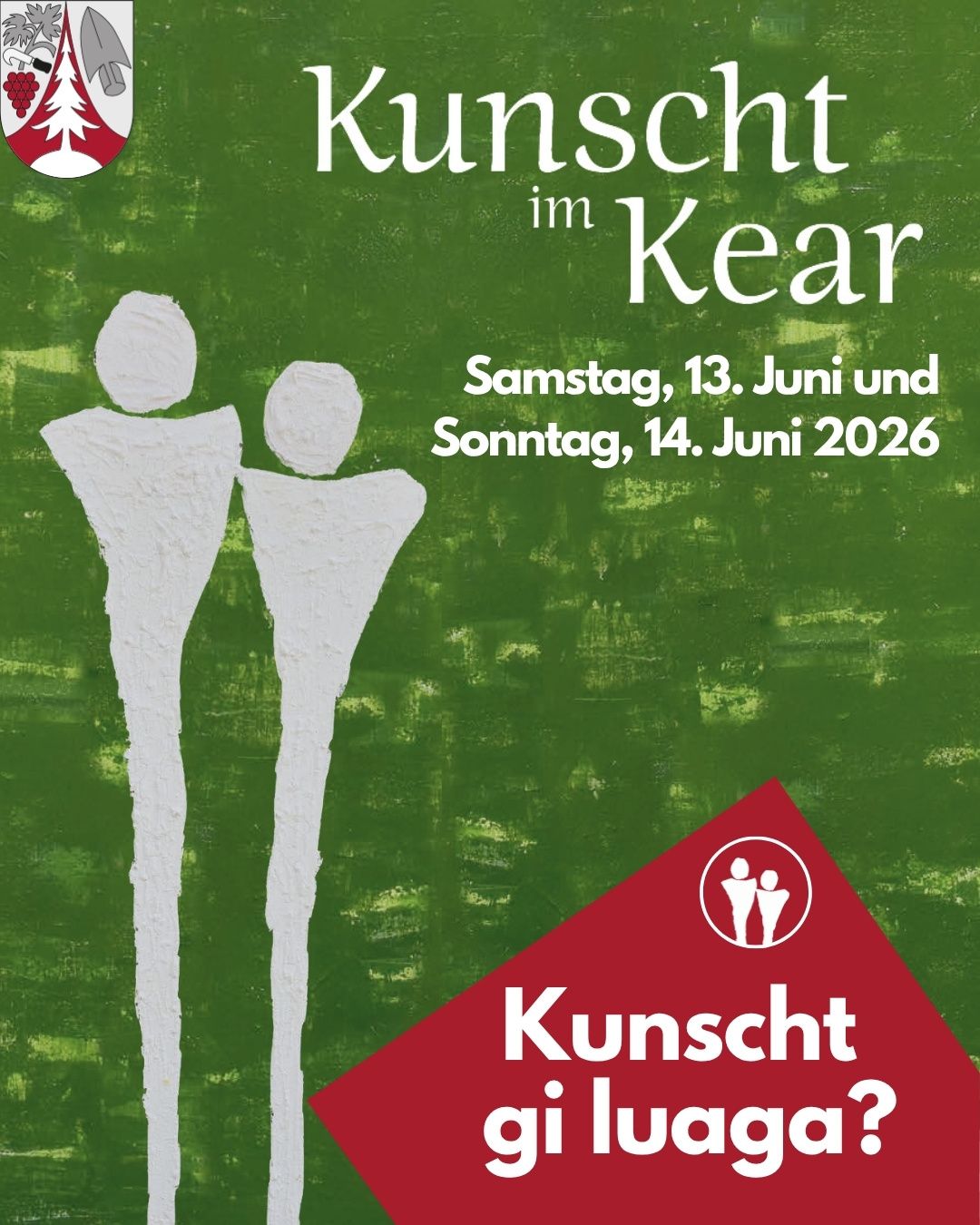 Plakat mit grünem Hintergrund, das zwei weiße Figuren zeigt, betitelt 'Kunst im Kehr'. Veranstaltung am Samstag, 13. Juni und Sonntag, 14. Juni 2026.