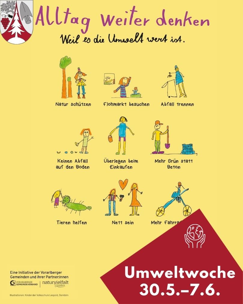 Ein gelbes Poster mit Illustrationen und Text zur Förderung des Umweltschutzes. Es enthält Symbole und Phrasen wie 'Natur schützen', 'Bauernmarkt besuchen', 'Abfall trennen' und 'Mehr Grün statt Beton'. Es enthält auch ein Logo am unteren Rand.