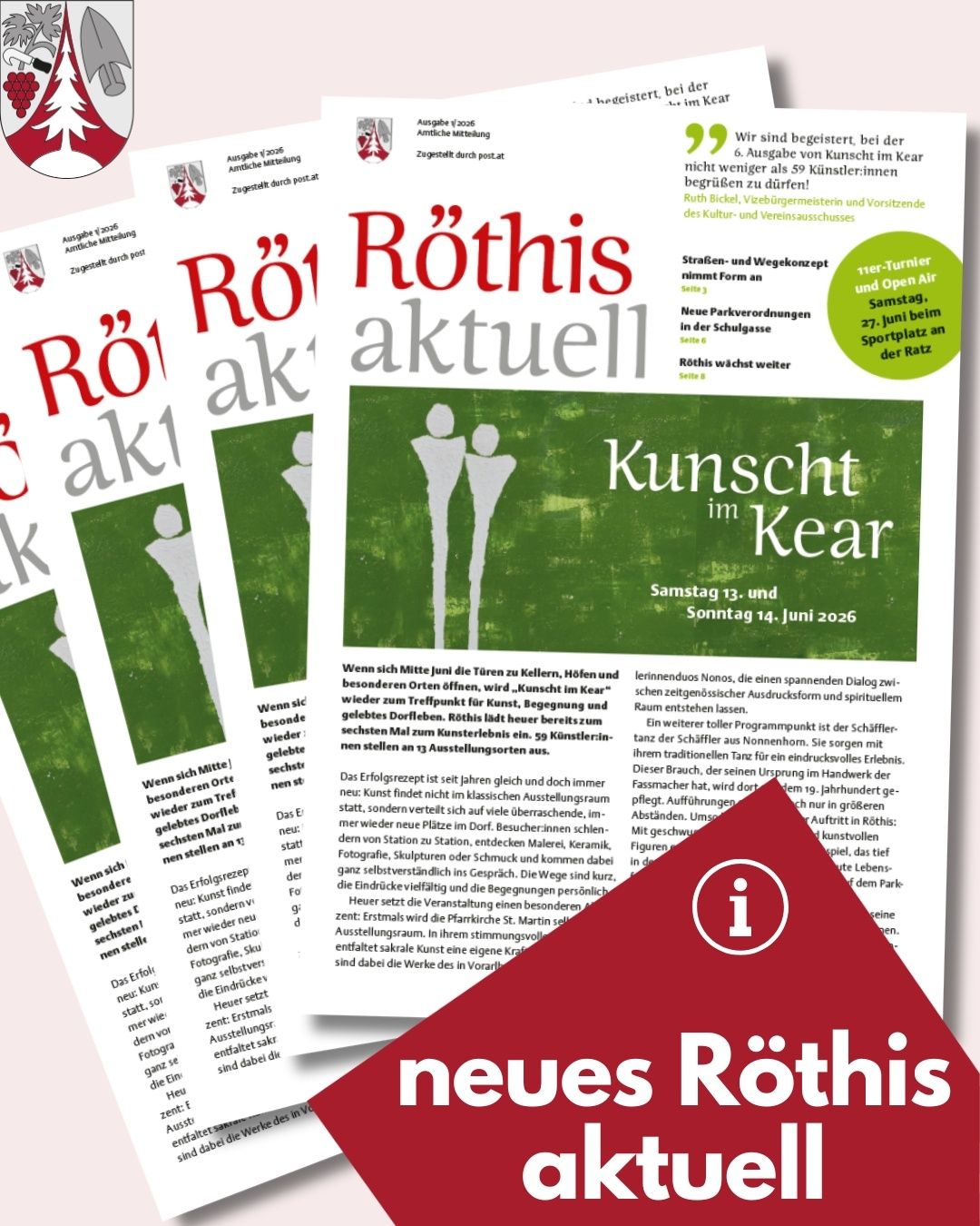 Ein Plakat für eine Kunstveranstaltung in Kelln. Die Veranstaltung heißt Kunst im Kear. Es präsentiert verschiedene Künstler und ihre Werke. Das Plakat hat ein grünes und weißes Design. Es gibt Wörter in rotem Schriftstil auf dem Plakat. Die Veranstaltung findet am 13. und 14. Juni 2026 statt.