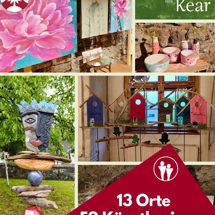 Eine Collage von Kunstwerken, darunter ein rosa Blumenbild, eine Steinskulptur, bunte Vogelhäuschen und Schalen mit Blumendesigns. Die Collage enthält auch ein Logo für '13 Orte 50 Kü'.
