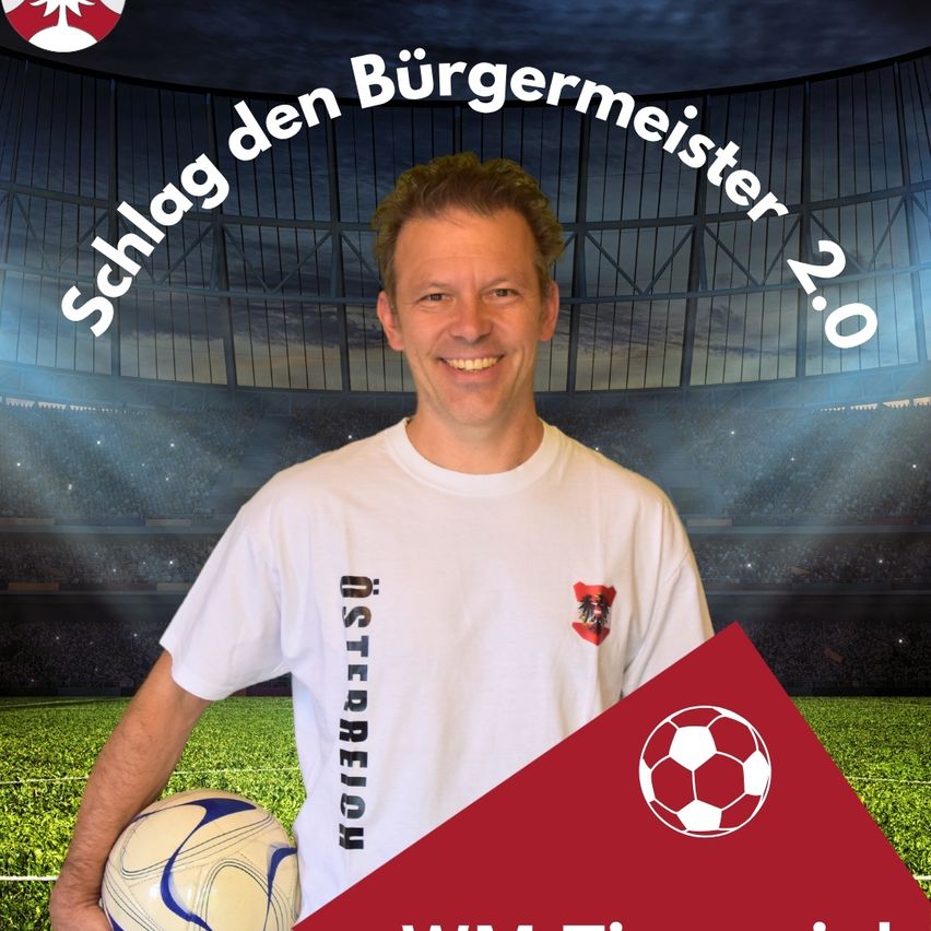 Ein Mann steht auf einem Fußballfeld und hält einen Ball. Oben links steht der Slogan Schlag den Burgermeister 2.0.