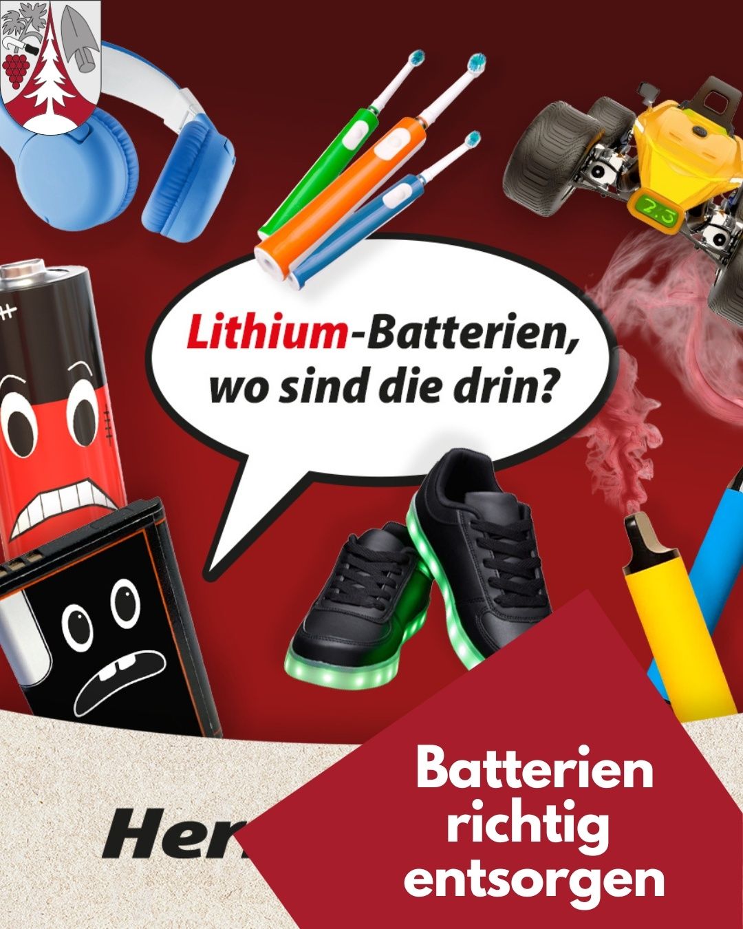 Ein Poster zeigt verschiedene elektronische Artikel mit einer Sprechblase, die nach Lithium-Batterien fragt. Artikel umfassen Kopfhörer, Schuhe und ein Spielzeugauto.