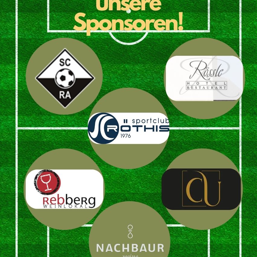 Ein Fußballfeld-Grafik zeigt das Logo eines Sponsors mit dem Text 'Unsere Sponsoren!' oben. Sechs Logos sind in einem Kreis um das Feld herum angeordnet. Die Logos umfassen SC RA, Roessler Hotel Restaurant, Sportclub Rothis 1976, Rebberg Weinlokal und CU.