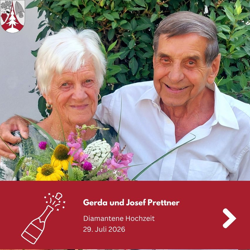 An elderly couple, Gerda and Josef Prettner, are smiling and posing for a photo with a bouquet of flowers, celebrating their diamond wedding anniversary on July 29, 2026.