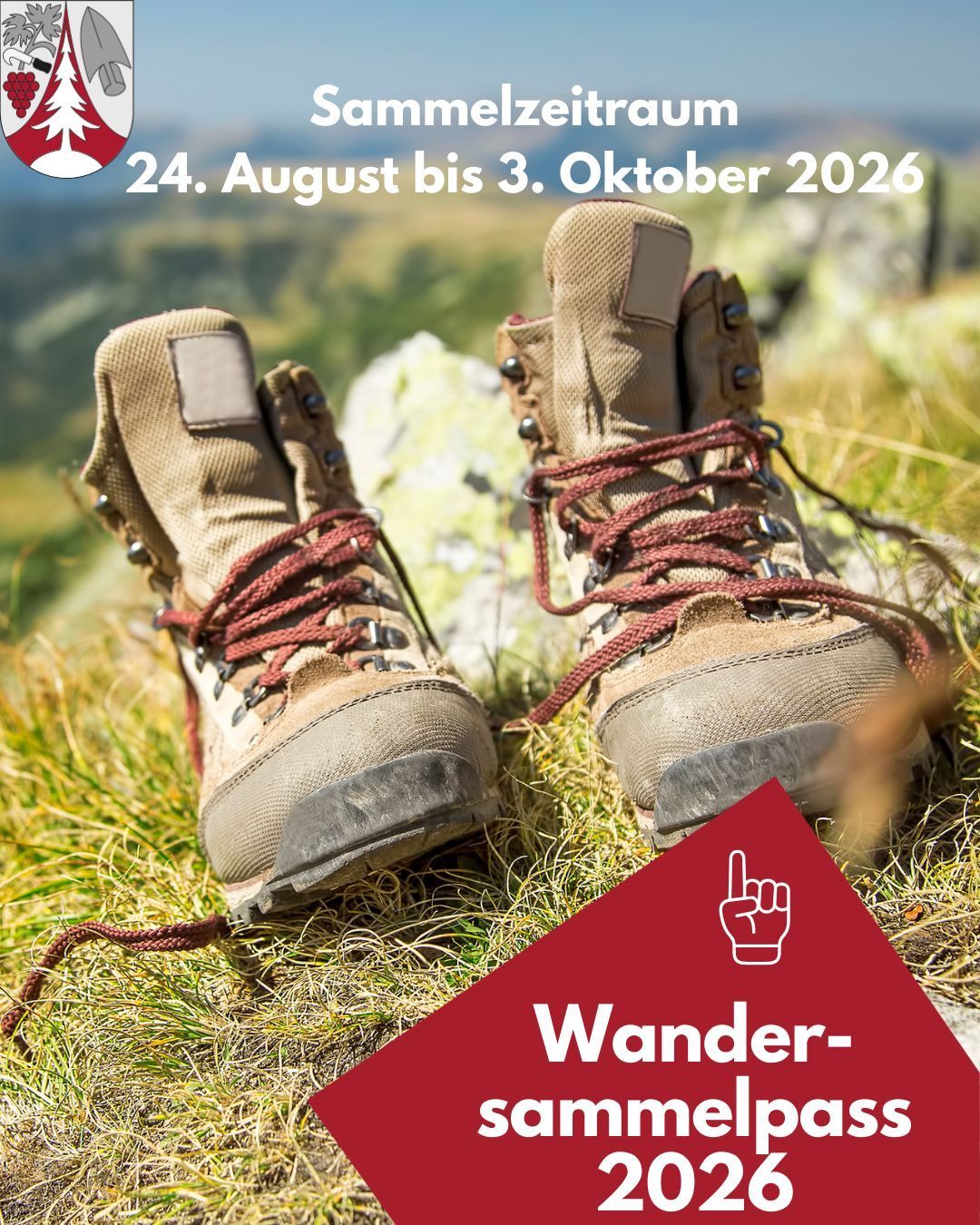 Ein Paar Wanderschuhe mit roten Schnürsenkeln auf einem Grasfeld mit einem roten Dreieckslogo und dem Text 'Wander-sommer'.