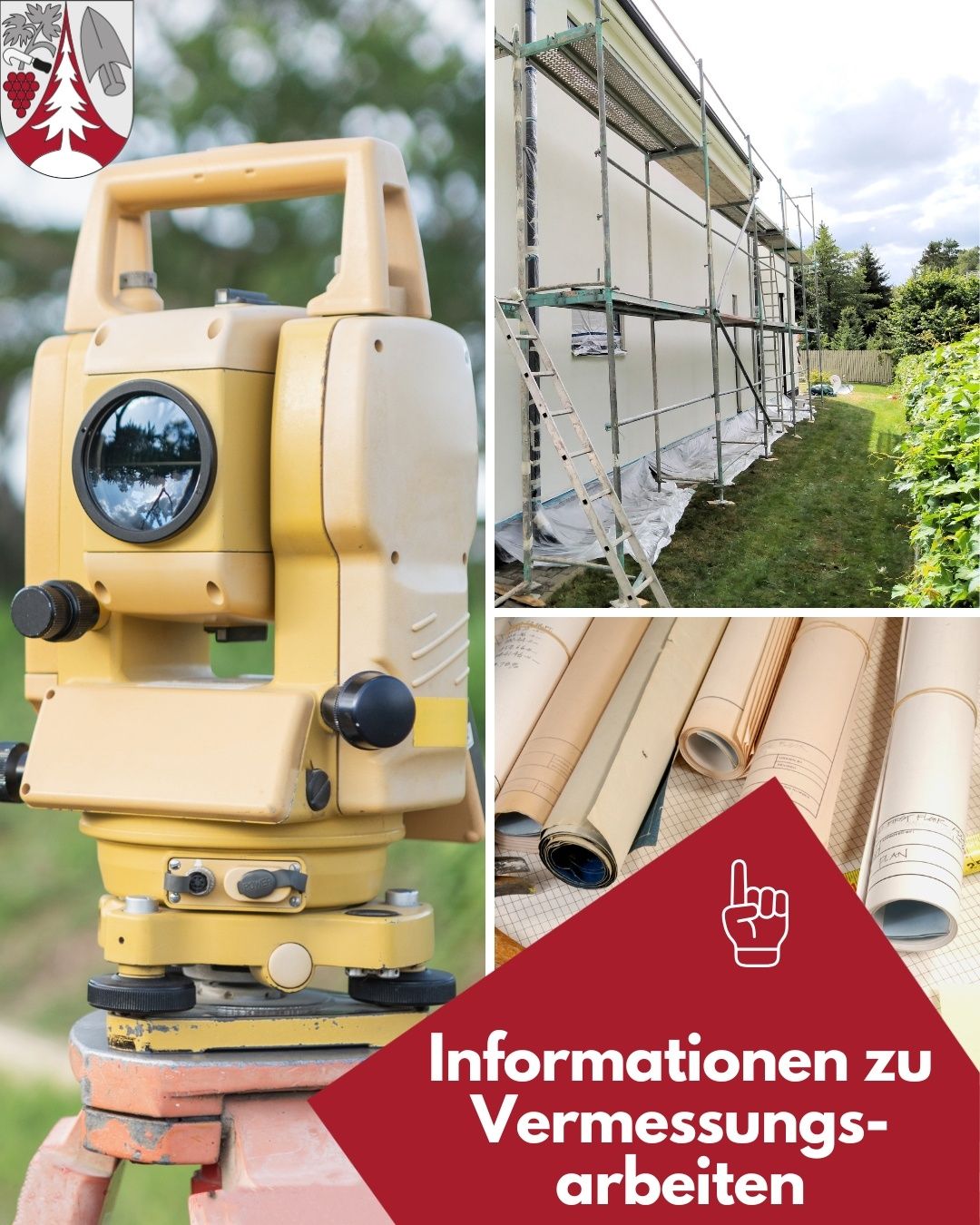 Eine Collage von Bildern, die ein Vermessungsinstrument, ein Gebäude im Bau und Architekturpläne zeigt. Der Text 'Informationen zu' ist in Deutsch angezeigt.