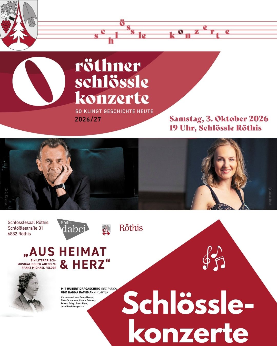 Plakat für das Rothner Schlossle Konzerte-Event am 3. Oktober 2026 mit einem Mann und einer Frau, Musiknoten und Text in Deutsch.