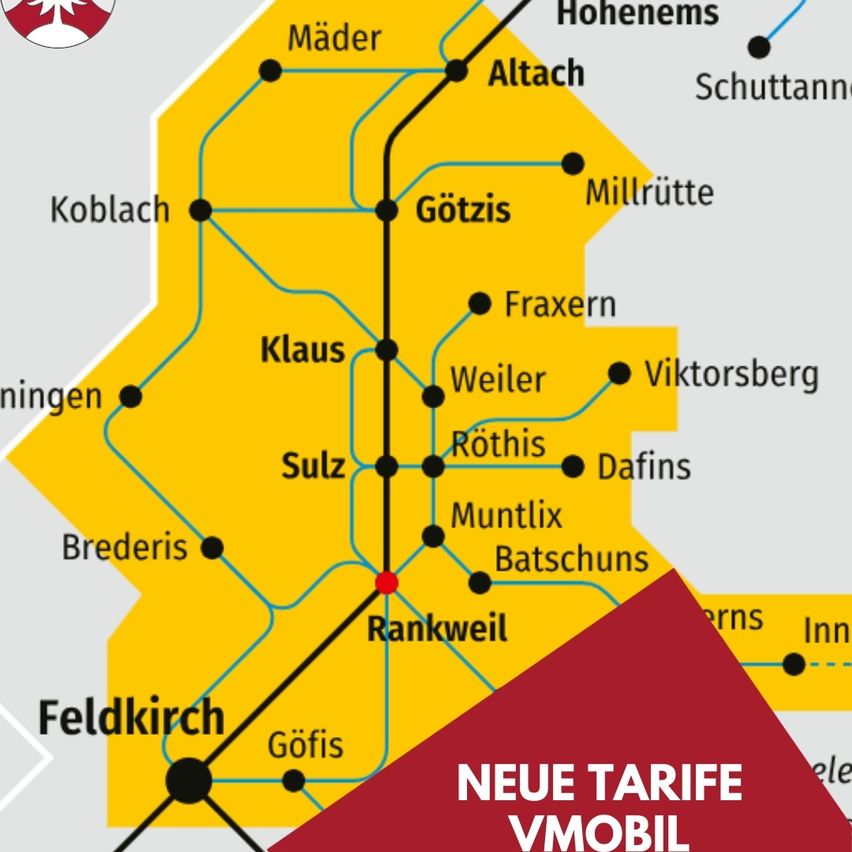 Karte mit mehreren Orten, die durch Linien verbunden sind. Es enthält Namen wie Klaus, Götzis und Feldkirch. Der Bereich ist gelb hervorgehoben mit einem roten Punkt bei Rankweil. Der Titel lautet 'Neue Tarife Vmobil'.