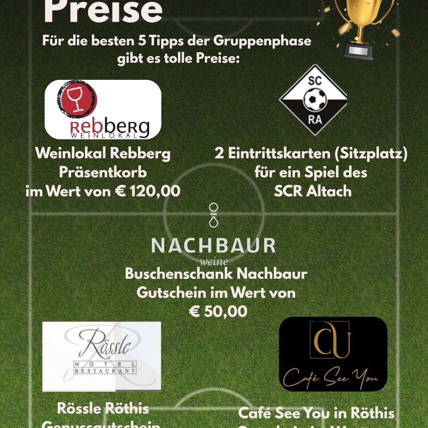 Plakat mit Preisen für die besten 5 Tipps der Gruppenphase. Die Preise umfassen ein Weingeschenk von Reberg, zwei Eintrittskarten für ein SC RA Fußballspiel, einen Gutschein von Nachbar Wein und einen Gutschein vom Rossle Rothis Hotel.