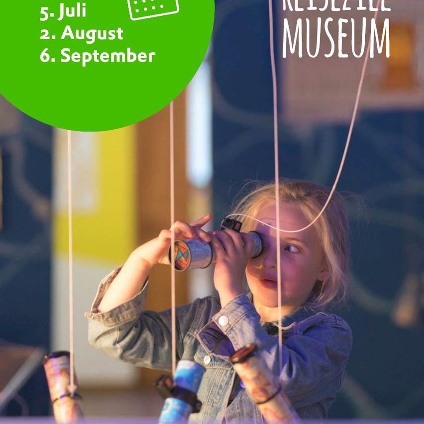 A girl looks through binoculars at a museum exhibit. The dates 5 July, 2 August, and 6 September are displayed.