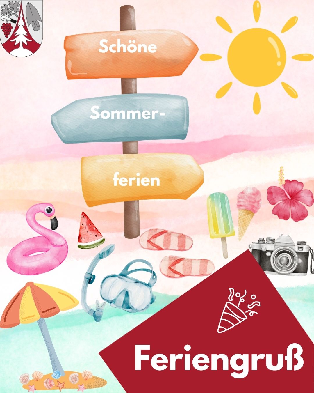 Illustration of a summer holiday with beach and sea elements. It includes a sign with words 'Schone Sommer-ferien', a sun, ice cream, a camera, a flip flop, a pink floater, and a snorkel.