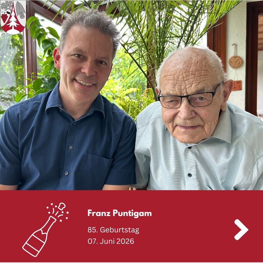 Two men smiling for a photo, one is young and wearing blue, the other is older and wears glasses. A birthday message is below, celebrating Franz Puntigam's 85th birthday on June 7, 2026.